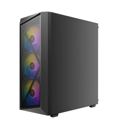 Black computer case with RGB lighting on a white background