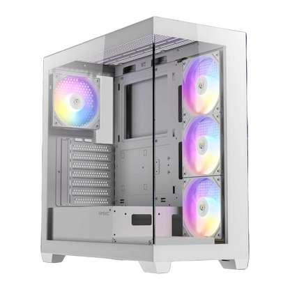 White computer case with RGB lighting on a white background