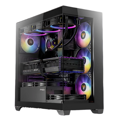 White computer case with a clear side panel on a white background