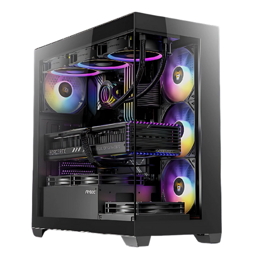 White computer case with a clear side panel on a white background