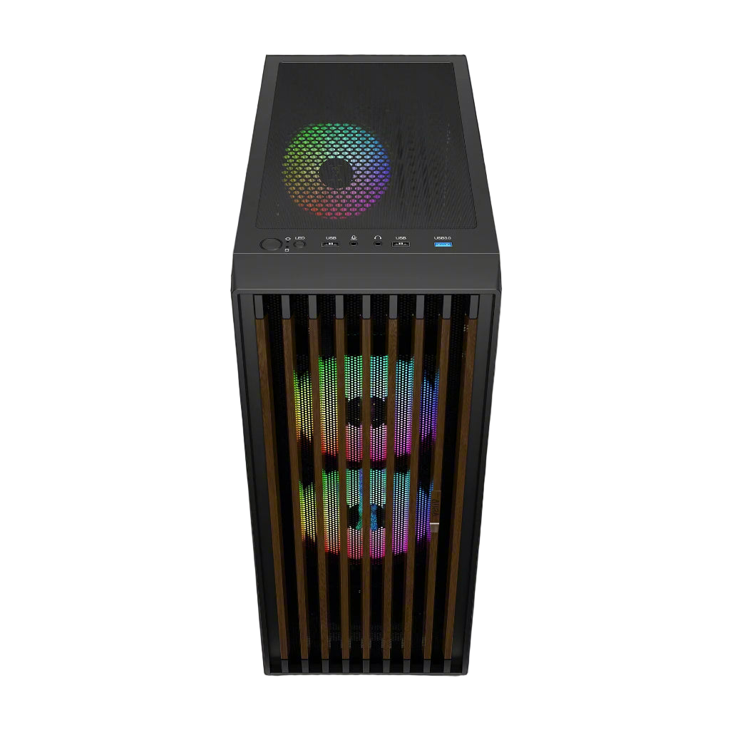 Computer case with RGB lighting on a white background
