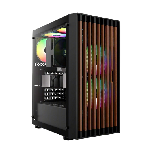 Computer case with RGB lighting on a white background