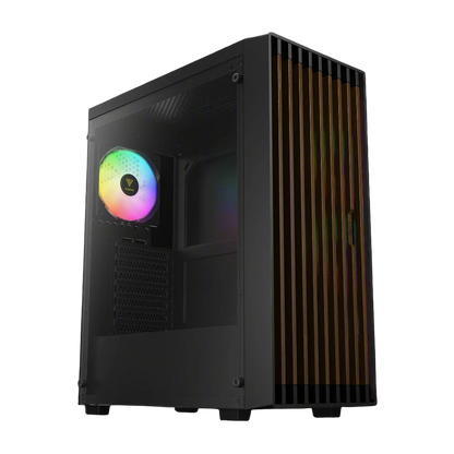 Computer case with a colorful RGB fan on a white background