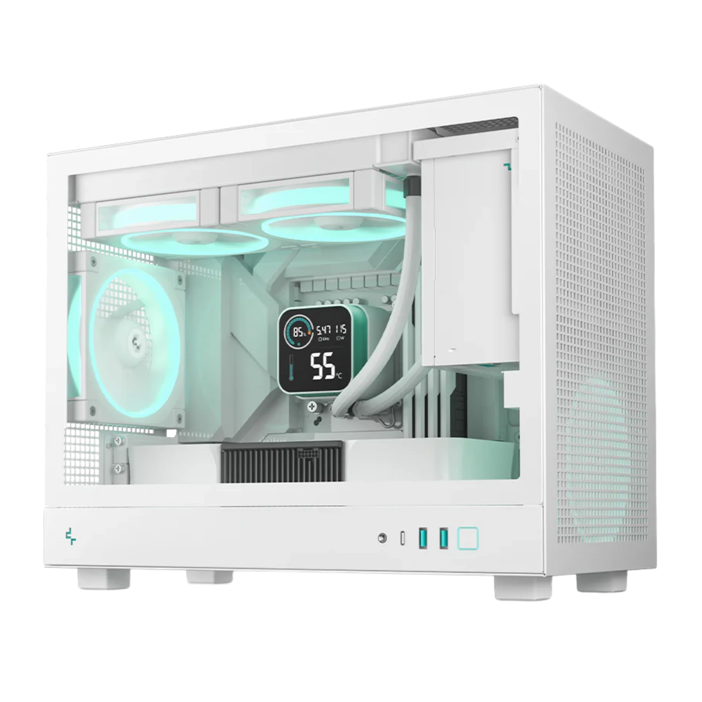 White computer case with components on a white background