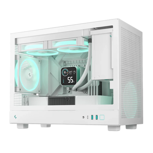 White computer case with components on a white background