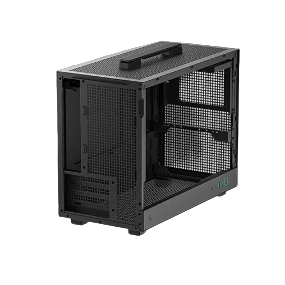 Black computer case with grid design on a white background