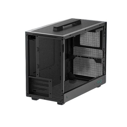 Black computer case with grid design on a white background
