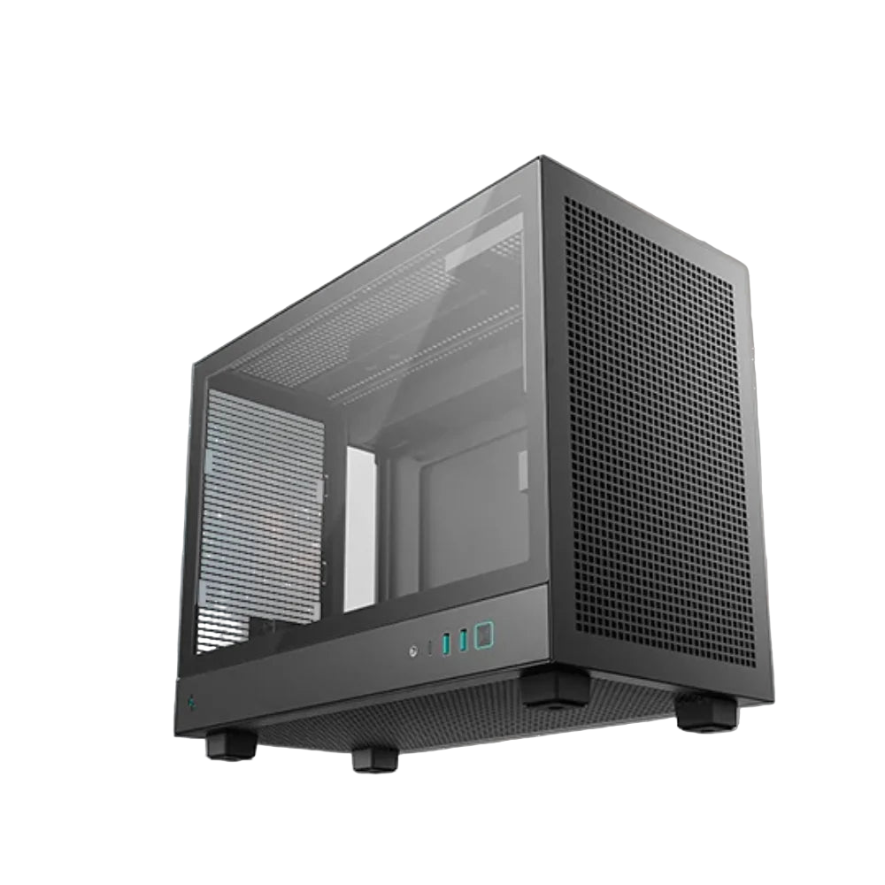 Computer case with glass side panel on a white background