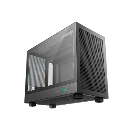 Computer case with glass side panel on a white background