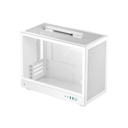 White computer case with mesh front panel on a white background