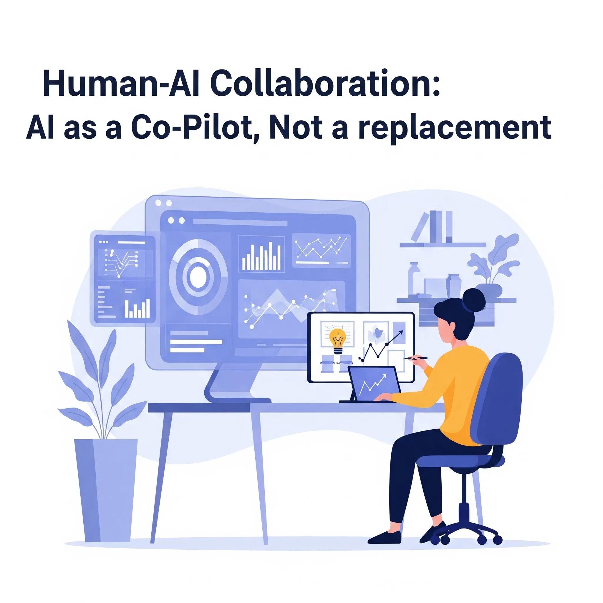 Illustration of a person working at a desk with multiple screens, with text about human-AI collaboration.