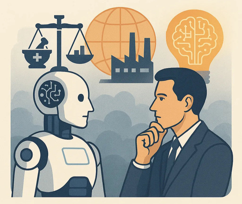 Illustration of a robot and a person thinking, with text about AI tools and their impact on human history.