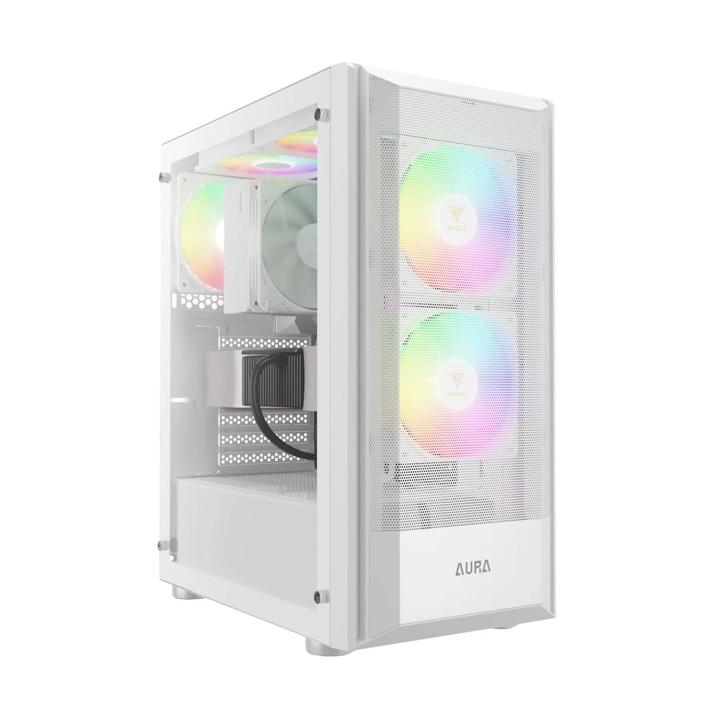White computer case with RGB lighting on a white background