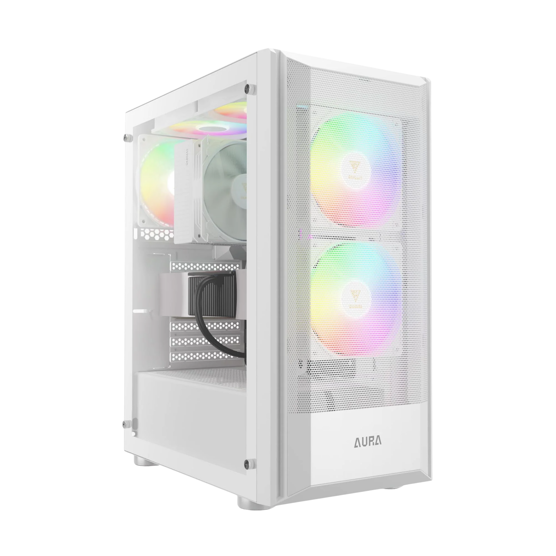 White computer case with RGB lighting on a white background