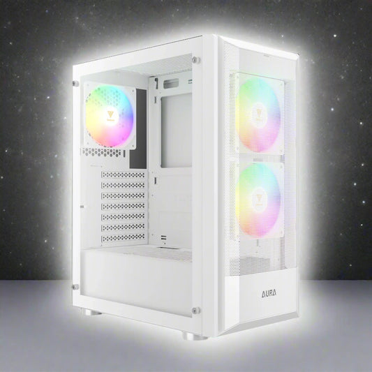 White computer case with RGB lighting on a black background
