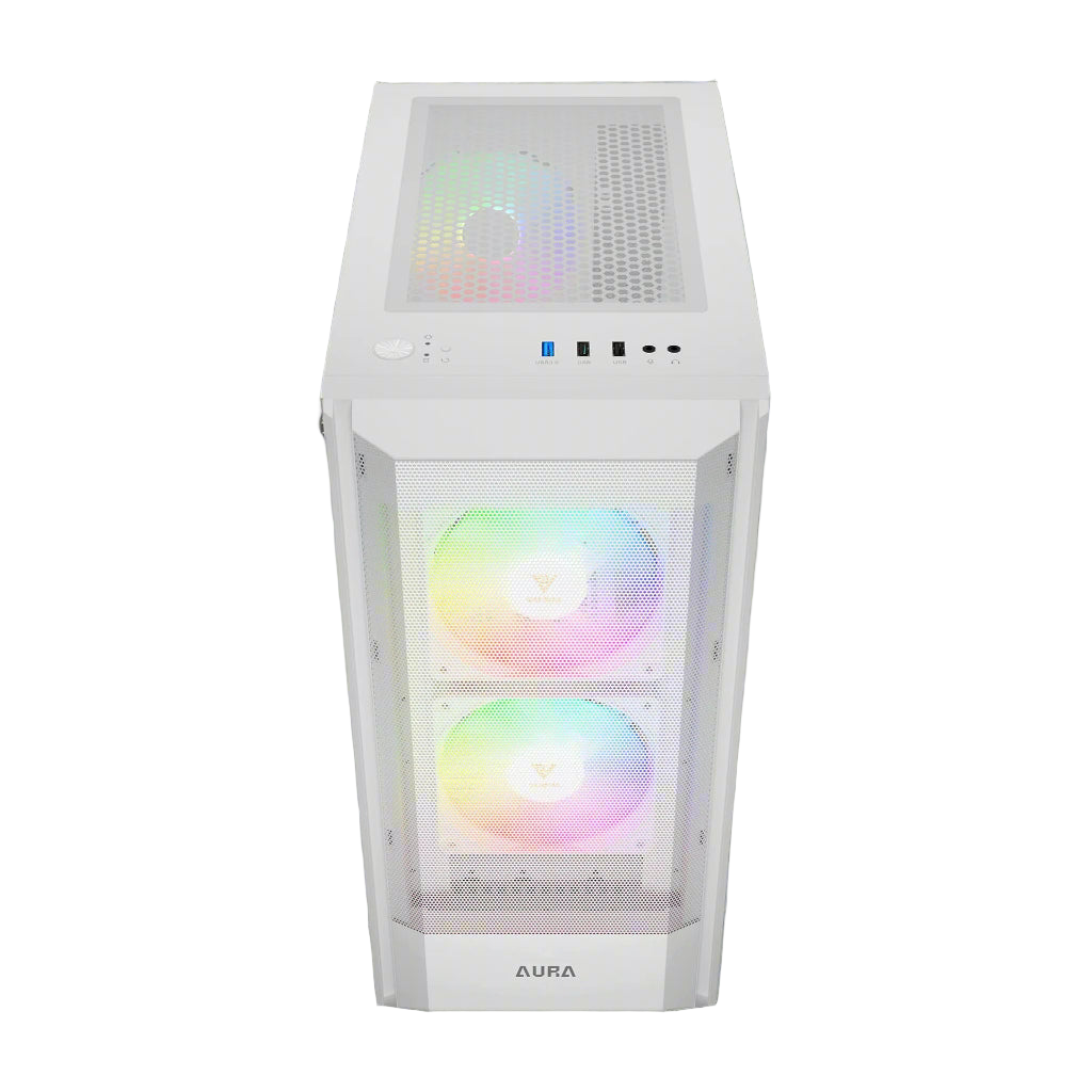 White computer case with RGB lighting on a white background