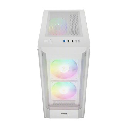 White computer case with RGB lighting on a white background