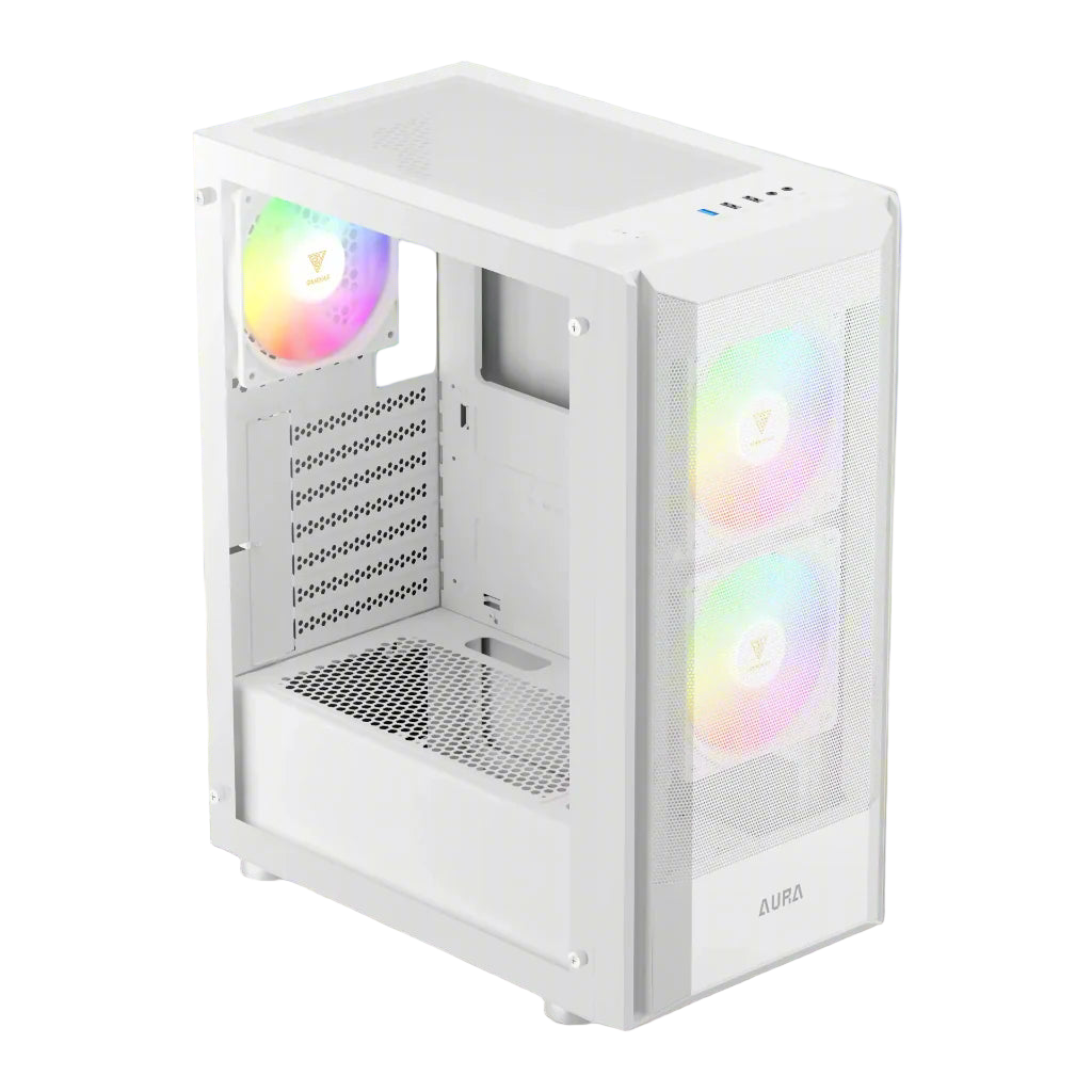 White computer case with RGB lighting on a white background