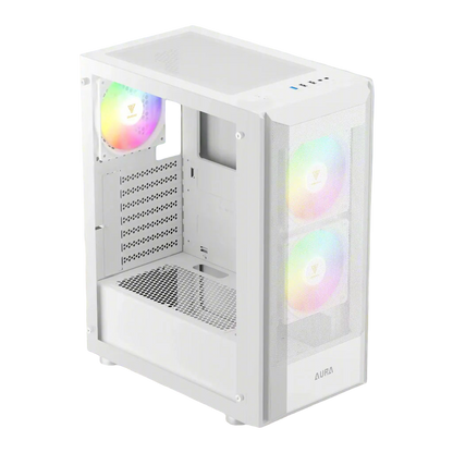 White computer case with RGB lighting on a white background
