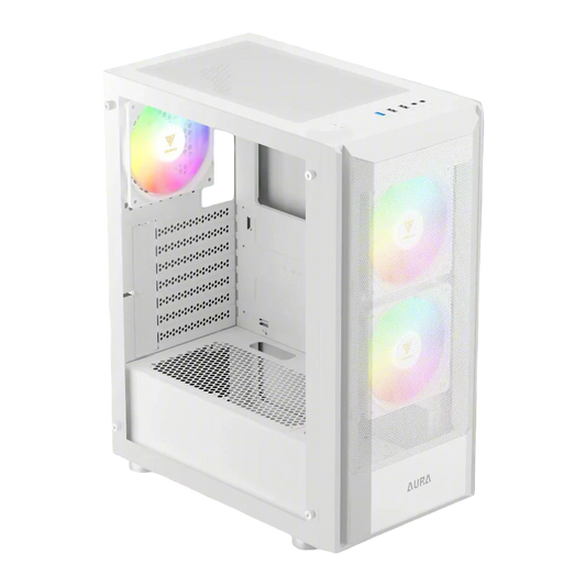 White computer case with RGB lighting on a white background