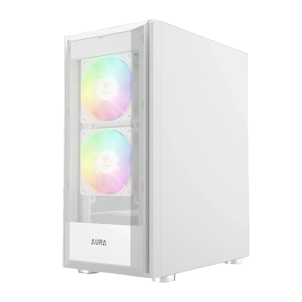 White computer case with RGB fans on a white background