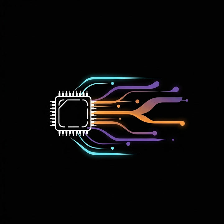 Neon circuit board design with a central processor on a black background