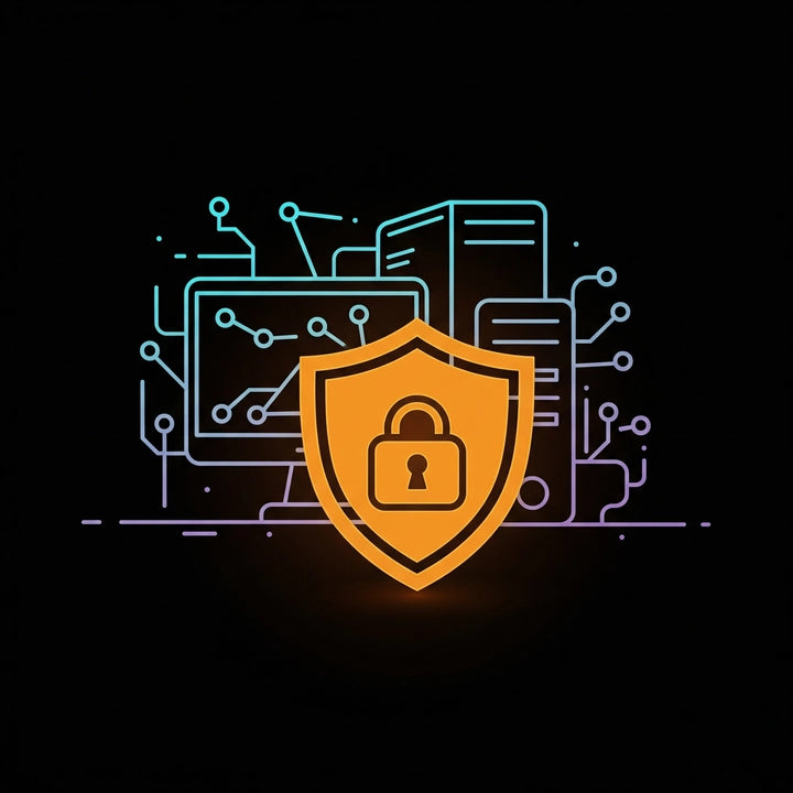 Shield with lock icon and computer monitors on a dark background